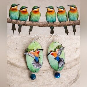 White throated bee eater birds handpainted earrings OOAK